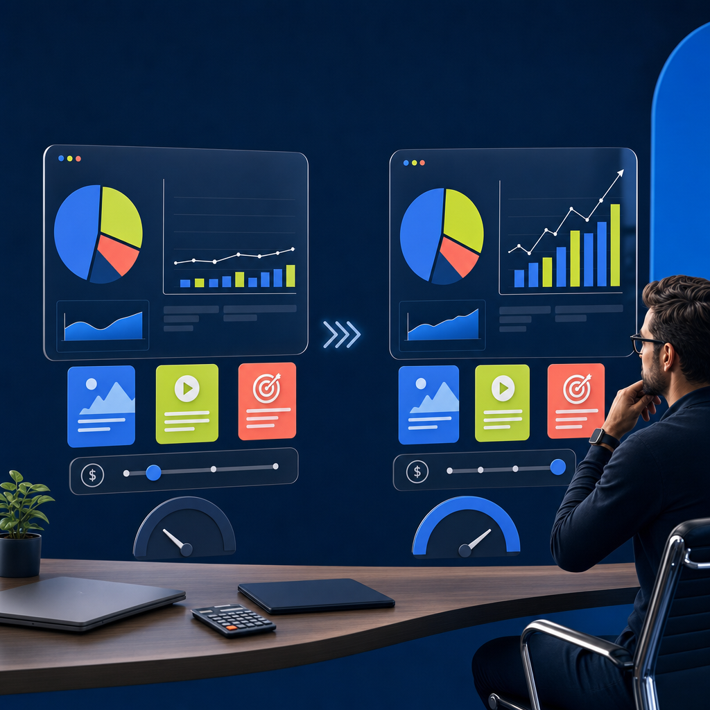 Before and after comparison of a digital marketing budget dashboard showing reallocation from weak to strong performing channels over a 90-day period