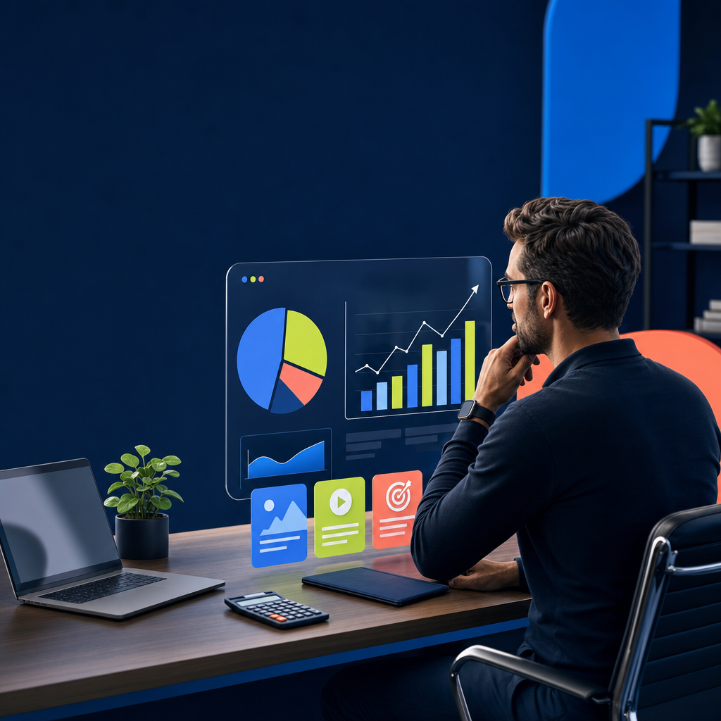 Small business owner reviewing a digital marketing channel allocation dashboard showing pie chart, bar chart, and content category icons