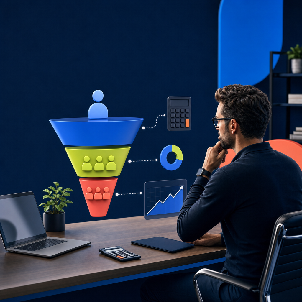 Small business owner planning a digital marketing budget using funnel analytics and a calculator