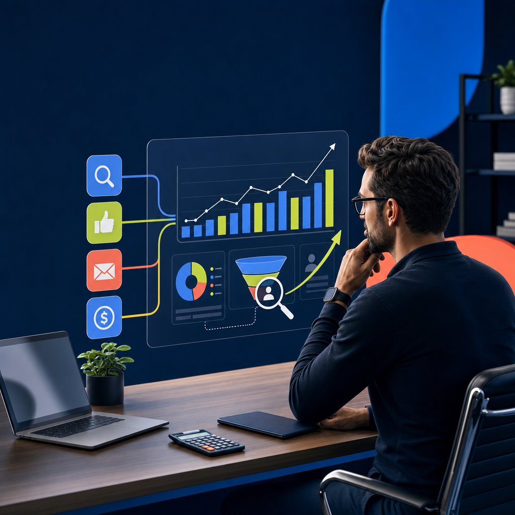 Digital marketing channels including SEO, social, email, and paid ads feeding into a reverse-funnel planning model connecting spend to qualified leads and customers